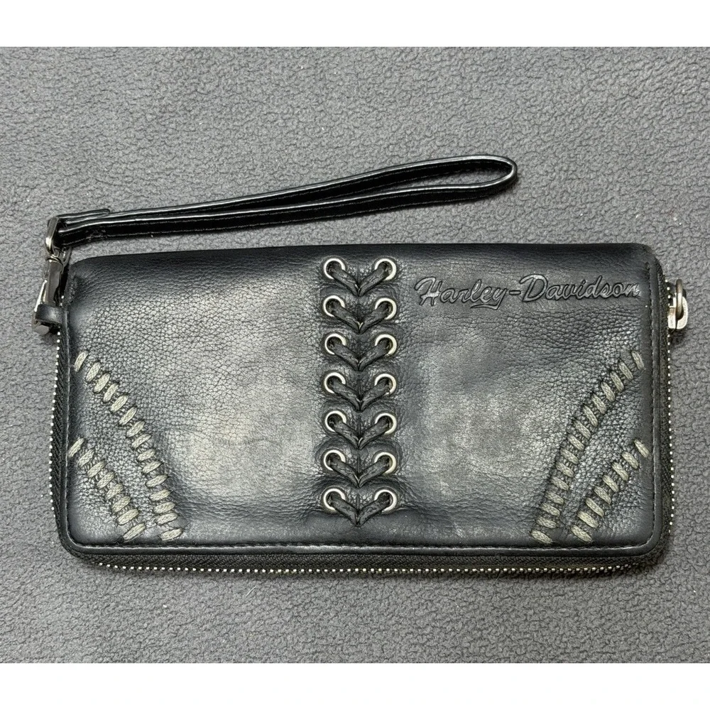 VTG Harley-Davidson Zip Around Wristlet Wallet Logo Biker Motorcycle Black Laces